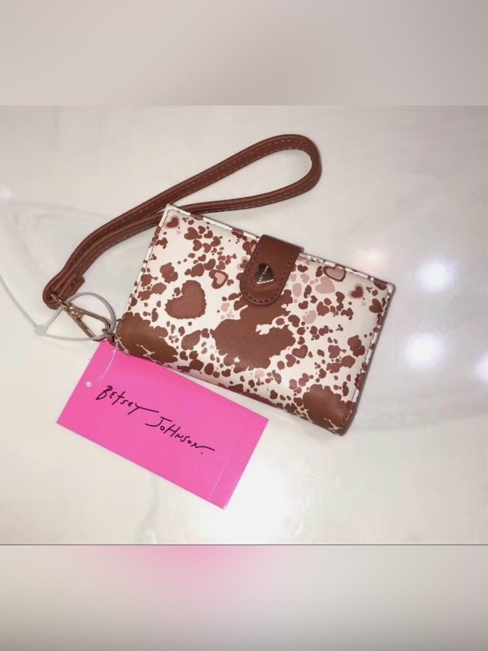 Betsey Johnson Brown Multi Cow Print & Heart Card Case Wallet